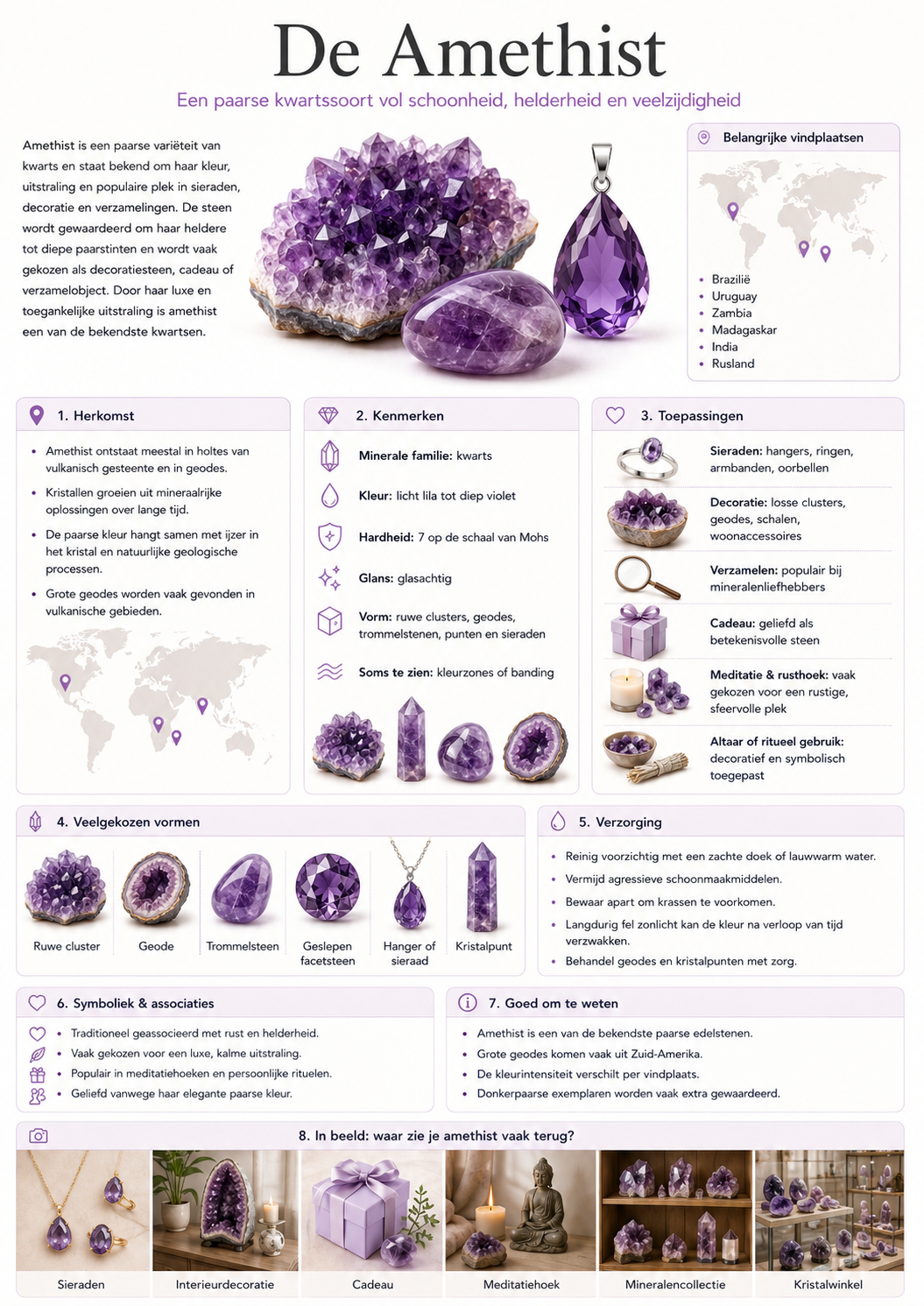 Infograhpic met de werking, herkomst, gebruik van amethist
