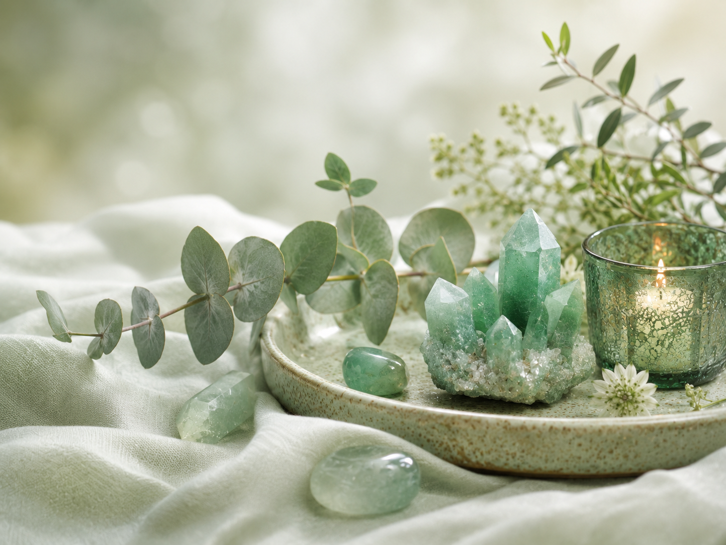 Een rituele schaal met groene edelstenen en een brandende kaars