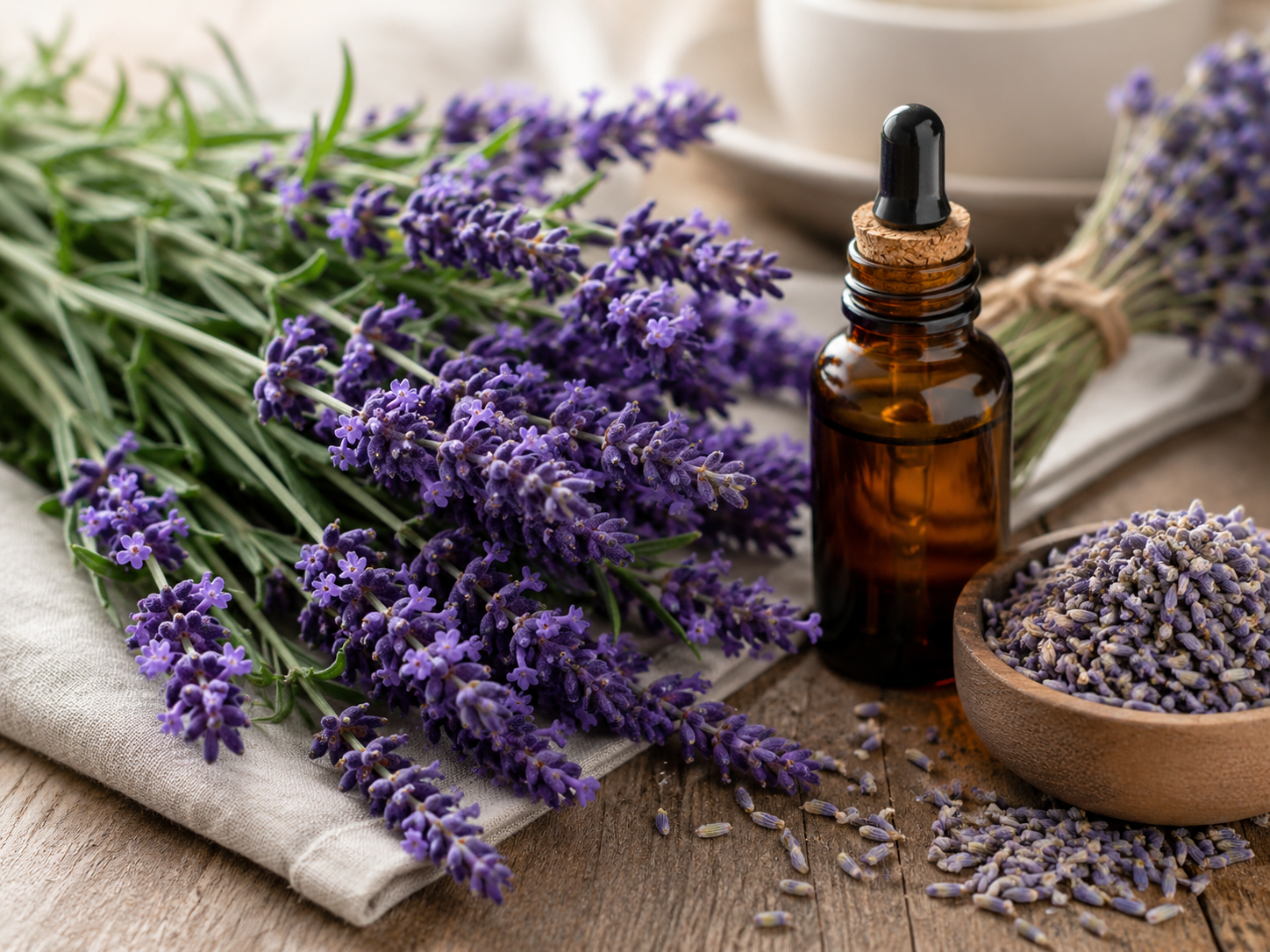 Verse en gedroogde lavendel met een flesje geurolie
