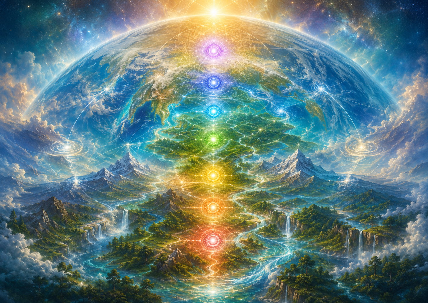 chakra's van de aarde, door AI gegenereerd. de aarde als levens wezen